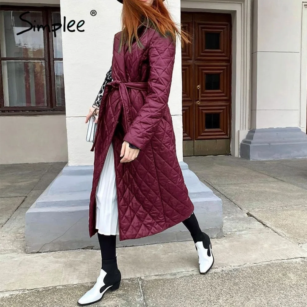 

2021Simplee Cotton padded long winter coat female Casual pocket sash women parkas High street tailored collar stylish overcoat