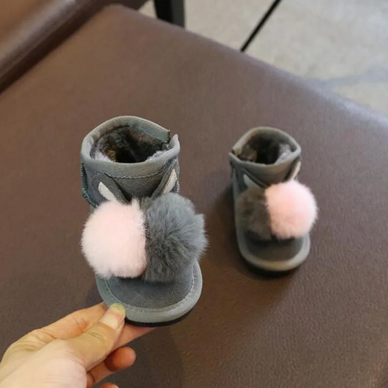 Genuine Leather Baby Snow Boots Girls Plus Velvet Thick Winter Rex Rabbit Fur ball Decoration Children |