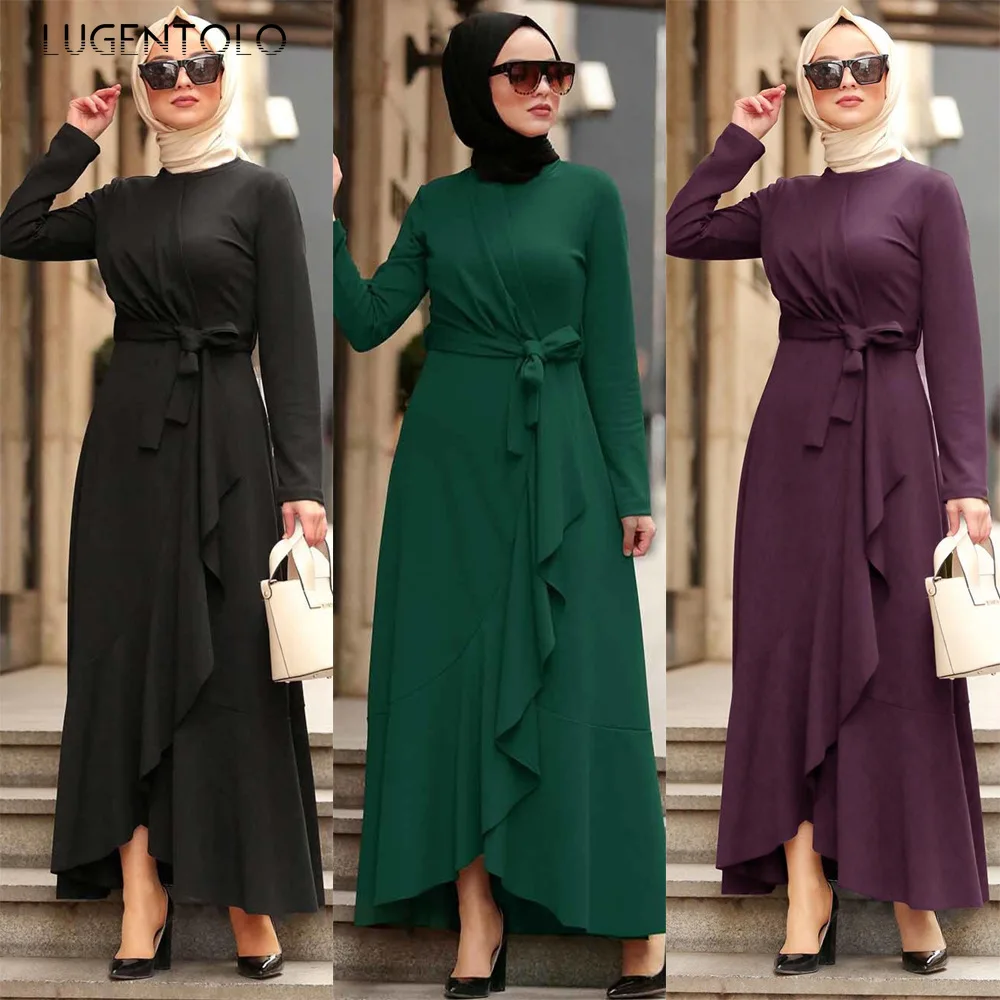 Lugentolo Women Elegant Dress Fashion Muslim Irregular Ruffles Long Sleeve Lace-up Dinner Arab O-neck Solid Lady Maxi Dresses
Lugentolo Women Elegant Dress Fashion Muslim Irregular Ruffles Long Sleeve Lace-up Dinner Arab O-neck Solid Lady Maxi Dresses