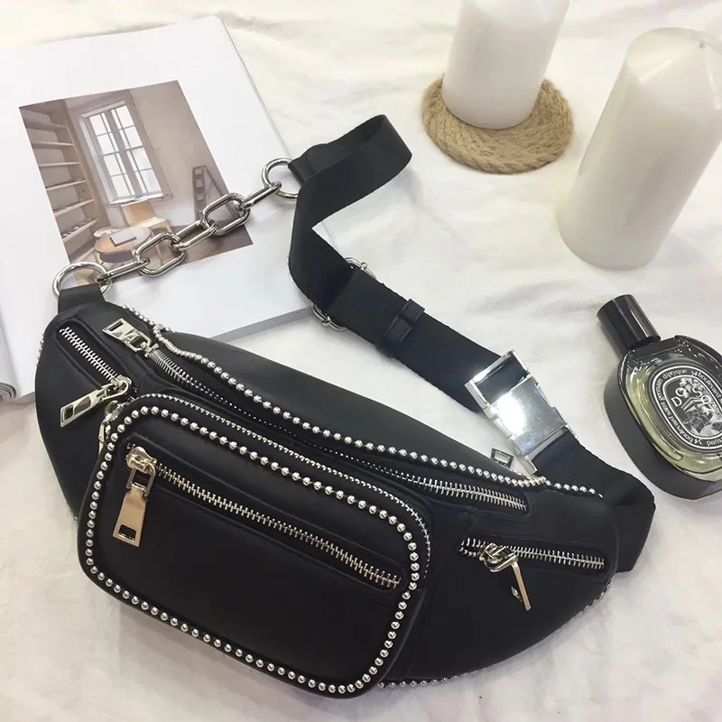 Women's Ball Chain Zippers Chest Waist Bum Belt Bags Crossbody Shoulder Rivets 2018 Leather Female Waist Bags 
Women's Ball Chain Zippers Chest Waist Bum Belt Bags Crossbody Shoulder Rivets 2018 Leather Female Waist Bags