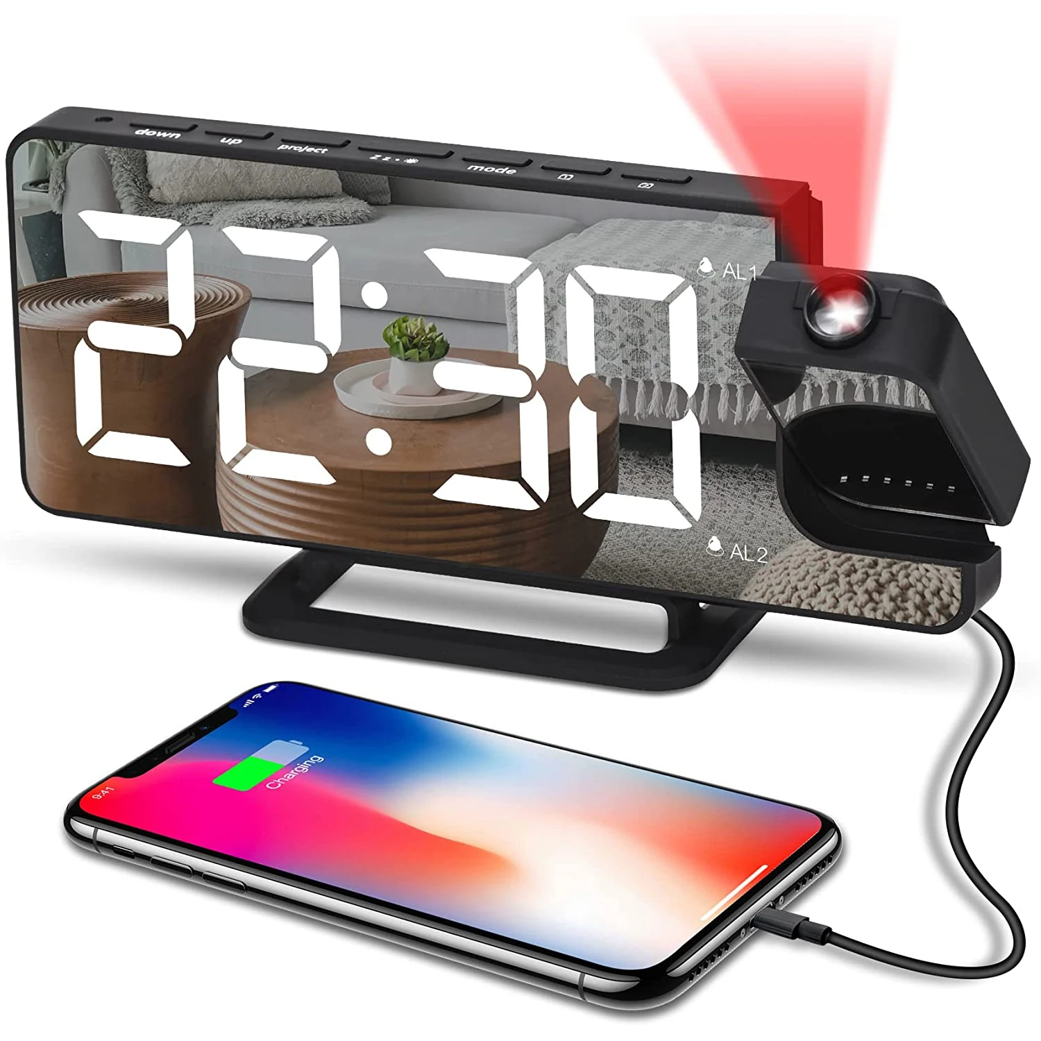 Projection Digital Alarm Clock USB FM Radio LED Smart Clock Watch Table Desktop Wake Up Clocks with 180° Time Projector Snooze
Projection Digital Alarm Clock USB FM Radio LED Smart Clock Watch Table Desktop Wake Up Clocks with 180° Time Projector Snooze