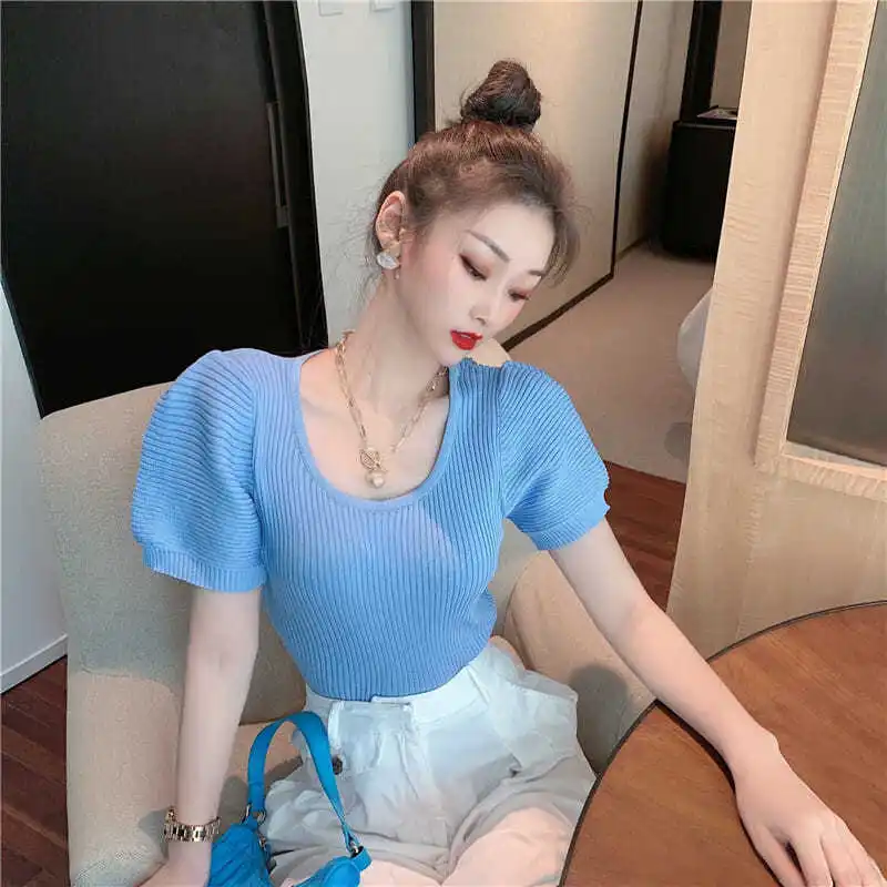 Blue Ice Silk Puff Short Sleeve T-shirt Women 2021 New Summer Solid Korean Fashion Round Neck Pullover Thin Knitted Tops Y293
Blue Ice Silk Puff Short Sleeve T-shirt Women 2021 New Summer Solid Korean Fashion Round Neck Pullover Thin Knitted Tops Y293