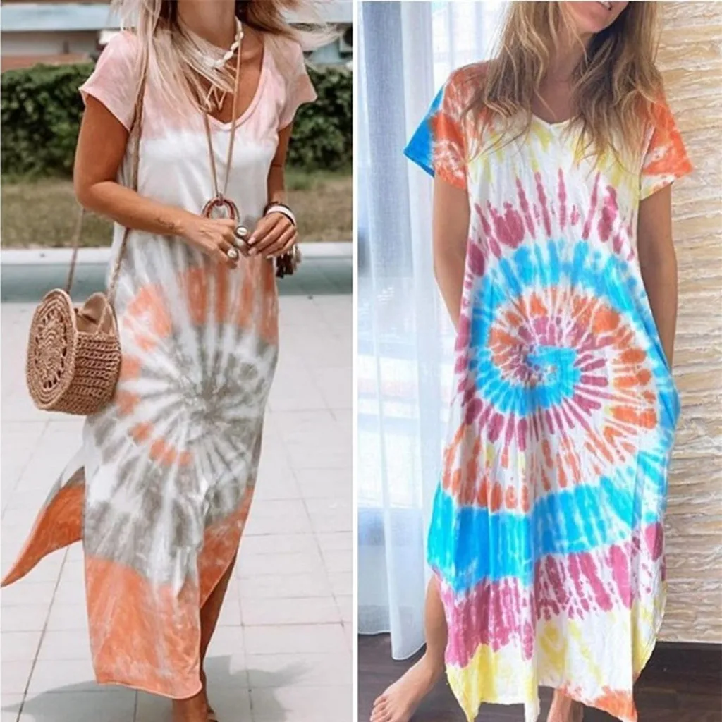 Women Bohemian Tie-dye Long Dresses Casual Plus Size V-neck Tie Dyeing Print Split Short Sleeve Maxi Dresses Party Plus Size #5 
Women Bohemian Tie-dye Long Dresses Casual Plus Size V-neck Tie Dyeing Print Split Short Sleeve Maxi Dresses Party Plus Size #5