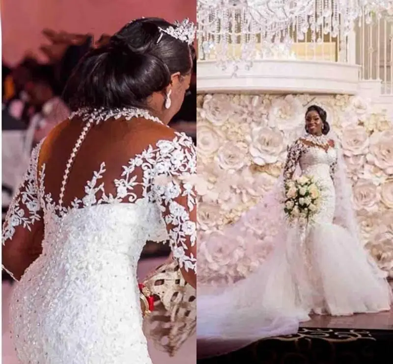 

Винтажные африканские кружевные свадебные платья с юбкой-годе, кристаллы, бусины, Аппликации, длинные рукава, Фотоэлементы