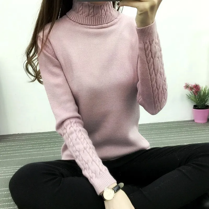 Вязаные женские водолазки свитера пуловеры весна-осень базовые с высоким
