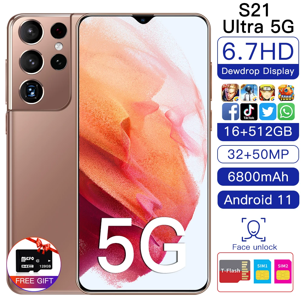 2021 New Arrival S21 Ultra 6.7 Inch 10 core Smartphone 1440*3200 16GB+512GB 32MP+50MP 6800Amh Andriod 11 cellphone
2021 New Arrival S21 Ultra 6.7 Inch 10 core Smartphone 1440*3200 16GB+512GB 32MP+50MP 6800Amh Andriod 11 cellphone