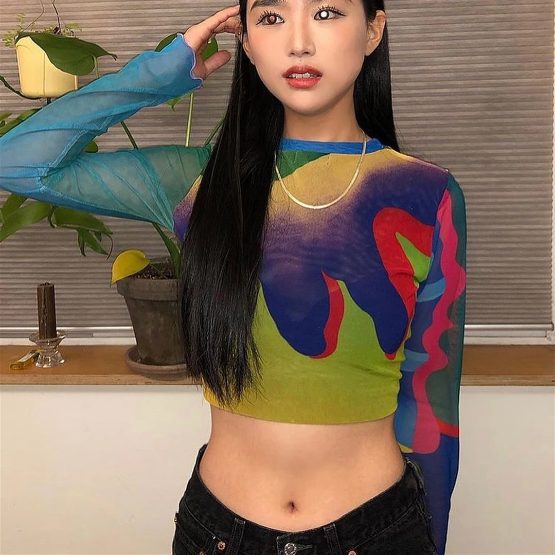 Women's Sheer Mesh T-Shirts Long Sleeve Abstract Print Crew Neck Slim Fit Crop Tops Autum Fall Fashion High Street
Women's Sheer Mesh T-Shirts Long Sleeve Abstract Print Crew Neck Slim Fit Crop Tops Autum Fall Fashion High Street