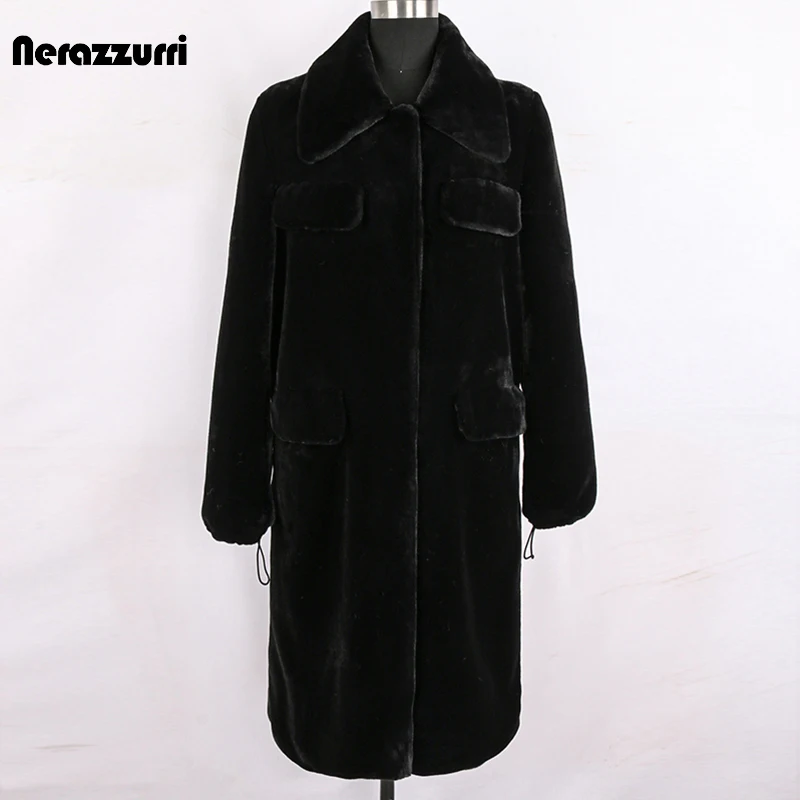 

Nerazzurri Winter Long Black Fluffy Warm Soft Faux Fur Coat Women with Many Pockets Turndown Collar Plus Size Fashion 6xl 7xl