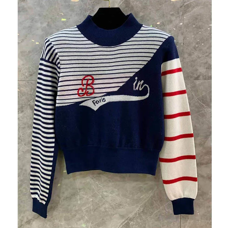 High End Spring Autumn Runway Women Striped Contrast Color Wool Sweater Fashion Loose Long Sleeve O Neck Letter Print Pullovers
High End Spring Autumn Runway Women Striped Contrast Color Wool Sweater Fashion Loose Long Sleeve O Neck Letter Print Pullovers