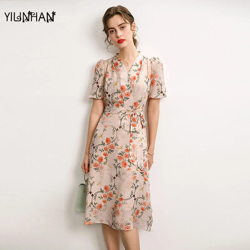 YLLINHAN 2021 Silk Dresses For Women 2021 Summer New V-Neck Temperament Elegant Wear Belt Print A-Line 100% Natural Silk Dress
YLLINHAN 2021 Silk Dresses For Women 2021 Summer New V-Neck Temperament Elegant Wear Belt Print A-Line 100% Natural Silk Dress