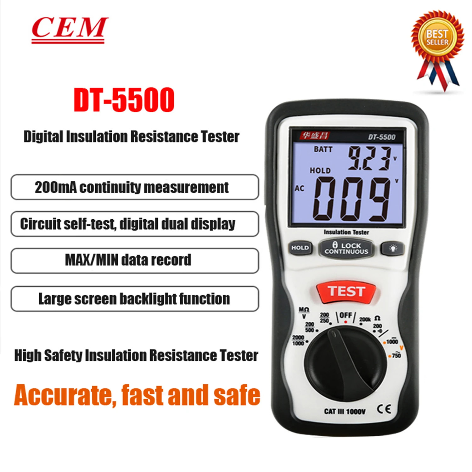 

CEM DT-5500 Digital Insulation Resistance Tester Electrical Equipment Insulation Material Resistance Detection Over Range Prompt