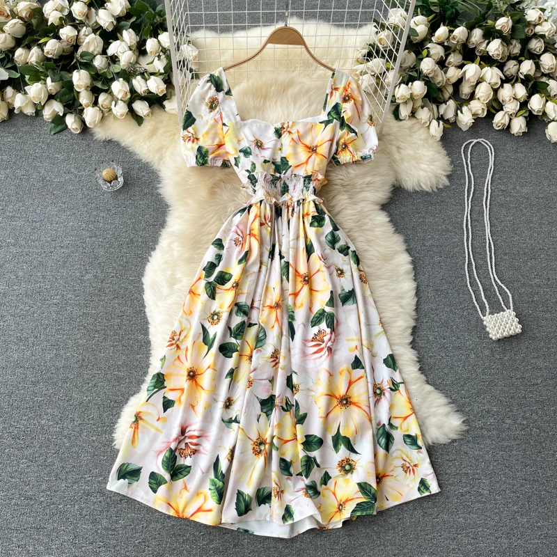 Square Collar Summer Runway Camellia Floral Print Beach Holiday Dress Women Short Sleeve Elastic Waist Midi Party Robe Femme
Square Collar Summer Runway Camellia Floral Print Beach Holiday Dress Women Short Sleeve Elastic Waist Midi Party Robe Femme