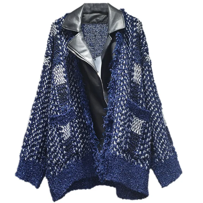 Autumn Winter New Fashion Zipper Design Sweater Spliced PU Leather Cardigan Jacket Women Loose Knitting Lapel Coat Streetwear
Autumn Winter New Fashion Zipper Design Sweater Spliced PU Leather Cardigan Jacket Women Loose Knitting Lapel Coat Streetwear