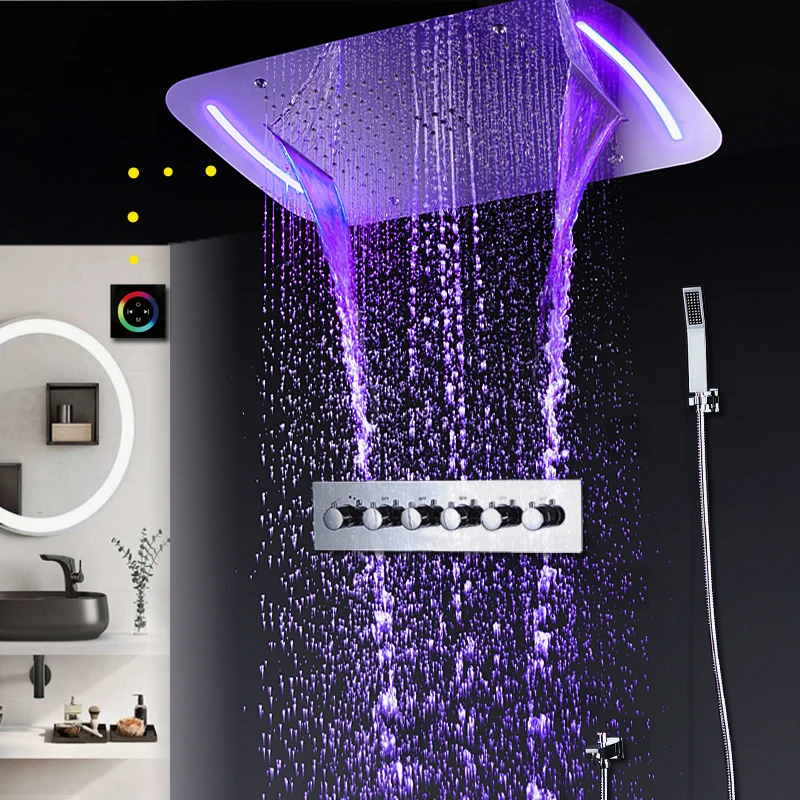 

Concealed Rain Shower Set Thermostatic High Flow Multifunction LED Shower Faucets Mist Spray Waterfall Massage Bathroom Fixtures