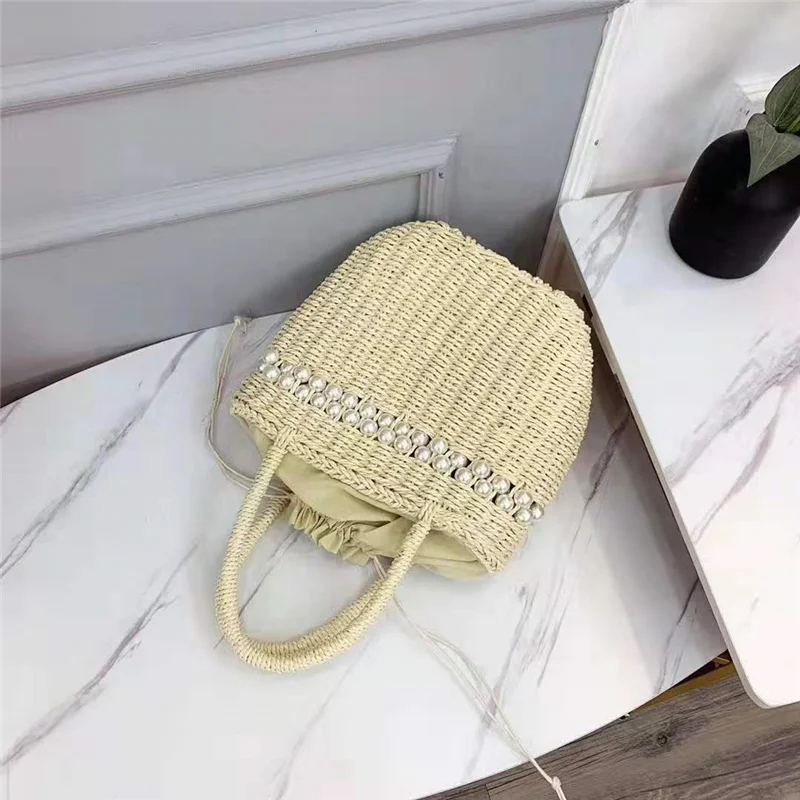 Summer New Inlaid Pearl Bag Beading Straw Bag Portable Basket Tote Bag Vacation Beach Bag String Bucket Shoulder Bag 
Summer New Inlaid Pearl Bag Beading Straw Bag Portable Basket Tote Bag Vacation Beach Bag String Bucket Shoulder Bag
