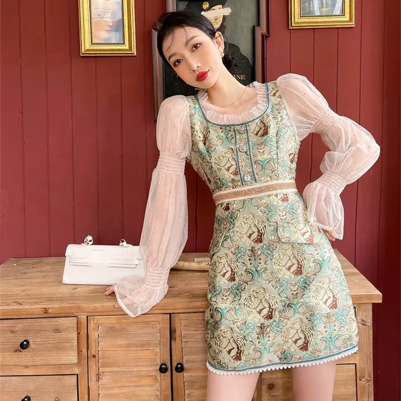 Vintage Elegant Mini Dress Woman Party Night Retro Jacquard Mesh Flare Sleeve Beading French Palace Style Short Dresses Vestido
Vintage Elegant Mini Dress Woman Party Night Retro Jacquard Mesh Flare Sleeve Beading French Palace Style Short Dresses Vestido