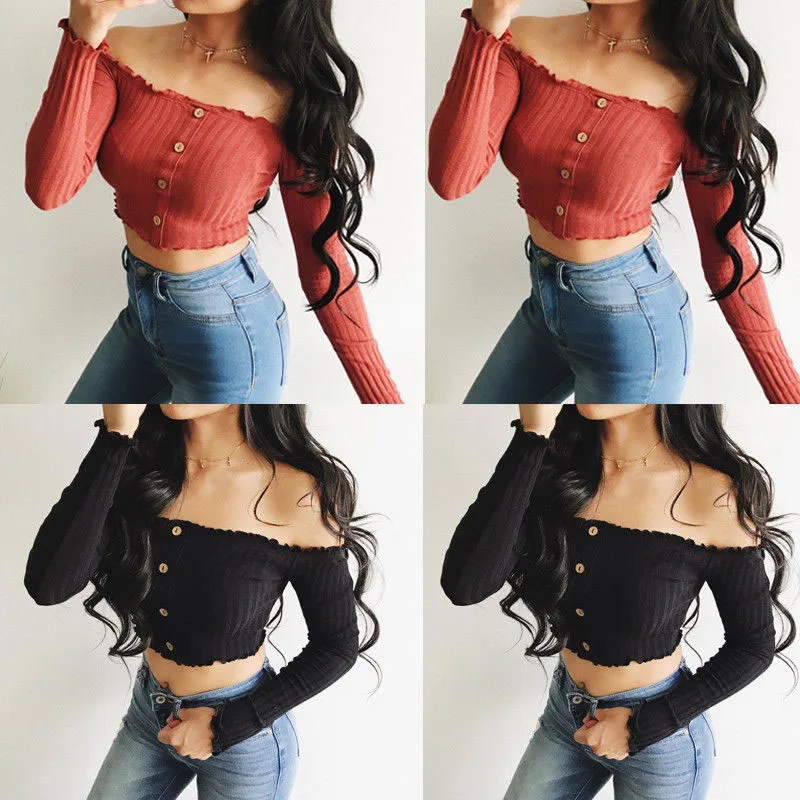 Ladies T-shirt Ladies Single Button Cropped Top Knit Top T-shirt Ladies Off Shoulder Long Sleeve Stretch Sexy Ladies Tube Top
Ladies T-shirt Ladies Single Button Cropped Top Knit Top T-shirt Ladies Off Shoulder Long Sleeve Stretch Sexy Ladies Tube Top