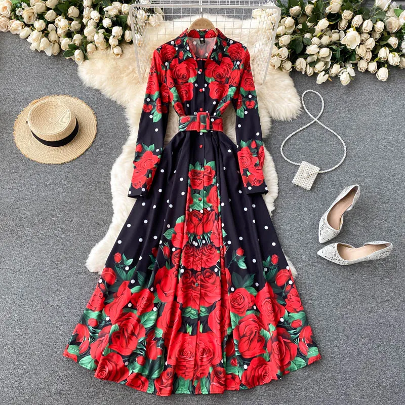 New Autumn Runway Red Flower Maxi Dress Vintage Women Lapel Collar Floral Print Full Sleeve Ball Gown Long Vestidos With Belt
New Autumn Runway Red Flower Maxi Dress Vintage Women Lapel Collar Floral Print Full Sleeve Ball Gown Long Vestidos With Belt