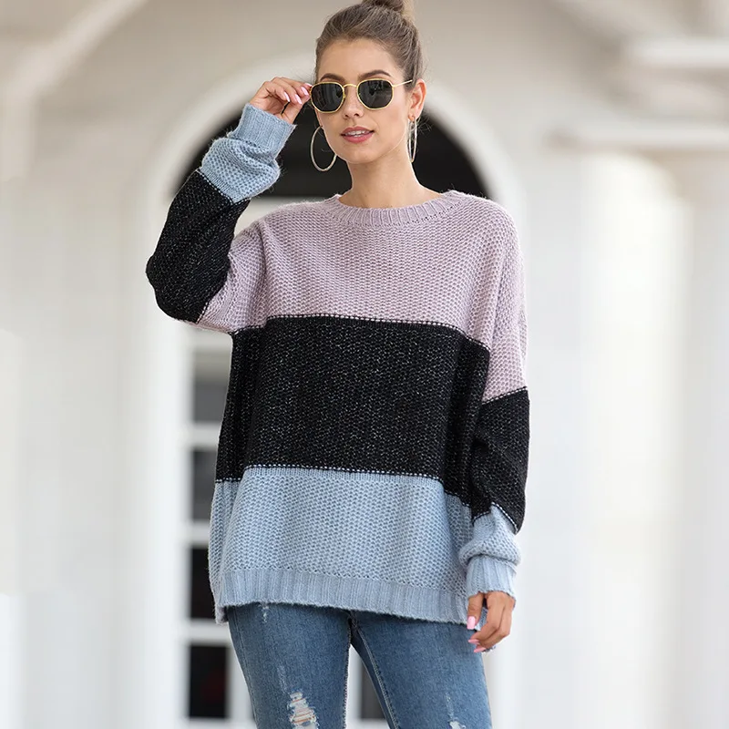 

Pullover Knit Sweater Women's Half High Neck Contrast Striped Casual Long-Sleeve Korean Style Spliced Mock Neck Sweater Female