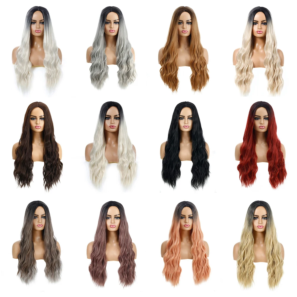 

CHARMING Long Bouncy Curly Synthetic Wigs Ombre Brown Blonde Middle Part Heat Resistant Wavy Wigs For Women Cosplay Party