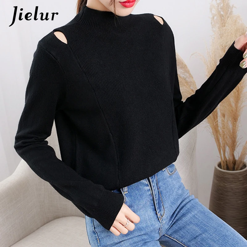 Jielur 2021 Sexy Hollow Sweater Women Apricot Blue Black Korean Loose Female Sweaters Fashion Half-high Neck Lady Knitwear S-XL | Женская