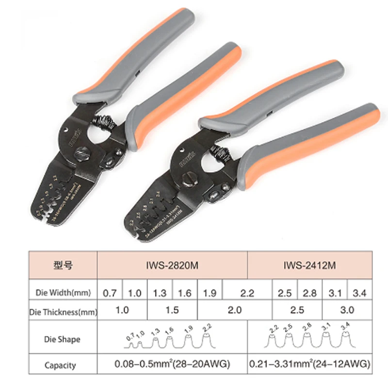 Terminals Crimping Tools IWS-2412M/IWS-2820M for Crimp AWG24-12/AWG28-20 JAM, Molex, Tyco, JST Terminals and Connectors 
Terminals Crimping Tools IWS-2412M/IWS-2820M for Crimp AWG24-12/AWG28-20 JAM, Molex, Tyco, JST Terminals and Connectors