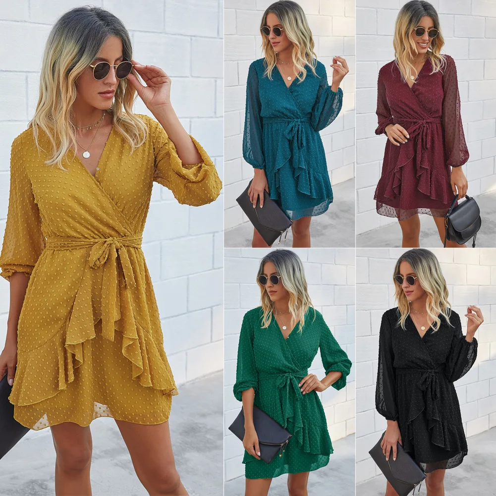 2021 European and American fashion ruffled V-neck long-sleeved women's dress dress summer 2020 dress women 
2021 European and American fashion ruffled V-neck long-sleeved women's dress dress summer 2020 dress women