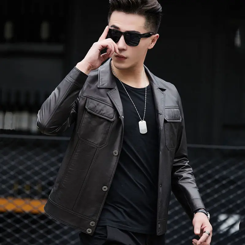 Куртка B281 мужская из натуральной овечьей кожи модный пиджак Slim Fit для езды на