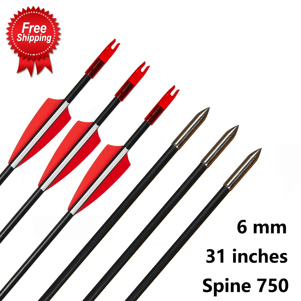 

Spine 750 Fiberglass 6 mm Arrow 31 inches with Plastic Feather Nock Steel Arrowhead for 30-80lbs Recurve Compound Bow Archery