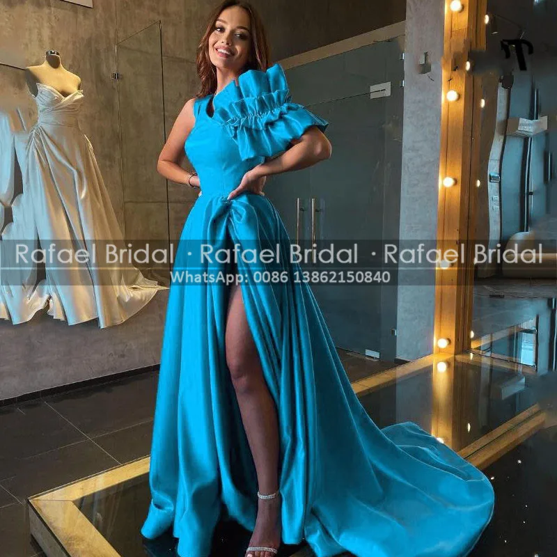 Sky Blue Satin A Line Formal Evening Dresses Ruffles One Shoulder High Split Sweep Train Long Women Reception Dress Party Gown
Sky Blue Satin A Line Formal Evening Dresses Ruffles One Shoulder High Split Sweep Train Long Women Reception Dress Party Gown