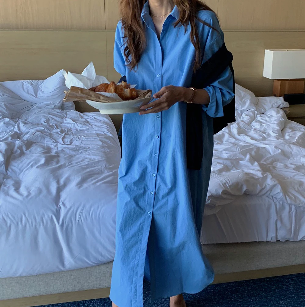 Spring And Autumn Simple Sexy Sapphire Blue Single-Breasted Belt Long Sleeve Shirt Women's Dress
Spring And Autumn Simple Sexy Sapphire Blue Single-Breasted Belt Long Sleeve Shirt Women's Dress