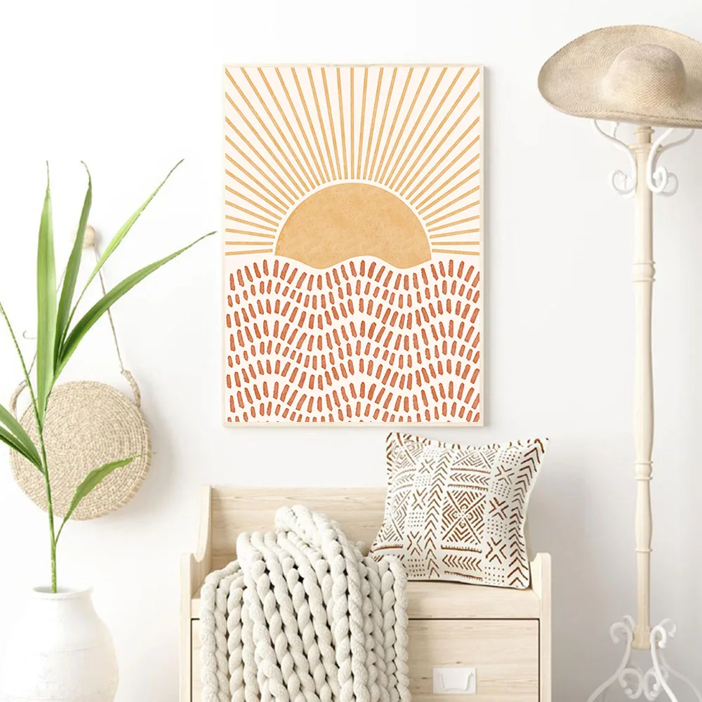 Абстрактная картина восходящего солнца в богемном стиле простой бежевый постер