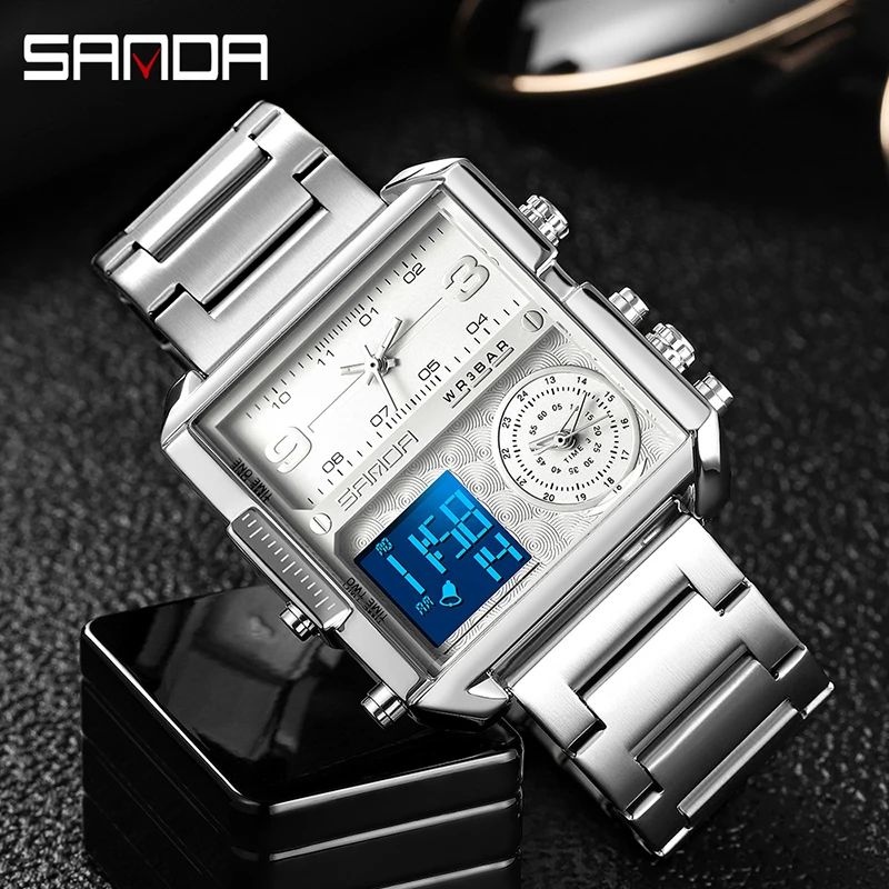 

Часы наручные SANDA мужские светящиеся, креативные брендовые Роскошные водонепроницаемые спортивные с 3 часовыми поясами