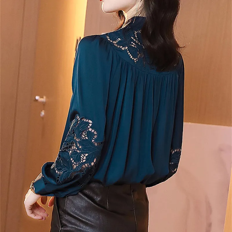 Blue Silk Shirt Blouse Women Elegant Embroidery Long Sleeve Office Lady Tops Blusas Mujer Loose Hollow Out Blouses Femme Q4600 
Blue Silk Shirt Blouse Women Elegant Embroidery Long Sleeve Office Lady Tops Blusas Mujer Loose Hollow Out Blouses Femme Q4600