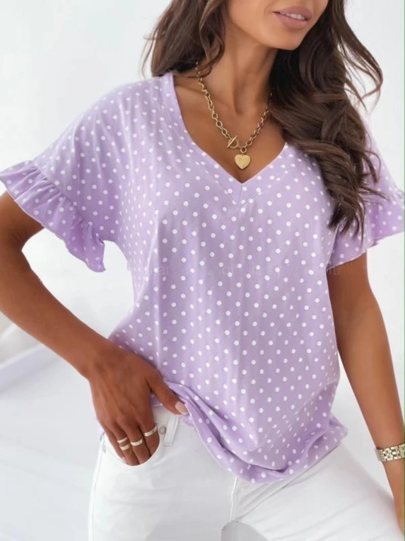 Ladies T-shirt Top Summer Female Sexy V-neck Polka Dot Short Ruffle Sleeve Casual T-shirt Fashion Vintage Women Tops Summer 2021
Ladies T-shirt Top Summer Female Sexy V-neck Polka Dot Short Ruffle Sleeve Casual T-shirt Fashion Vintage Women Tops Summer 2021