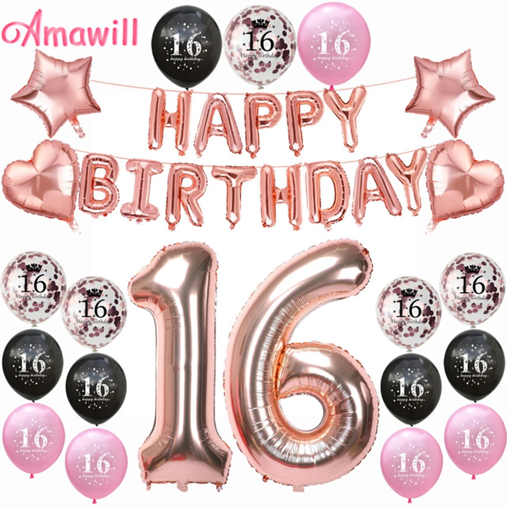 Amawill сладкий 16 украшения для Вечерние Розовые и золотые воздушные шары лет с днем