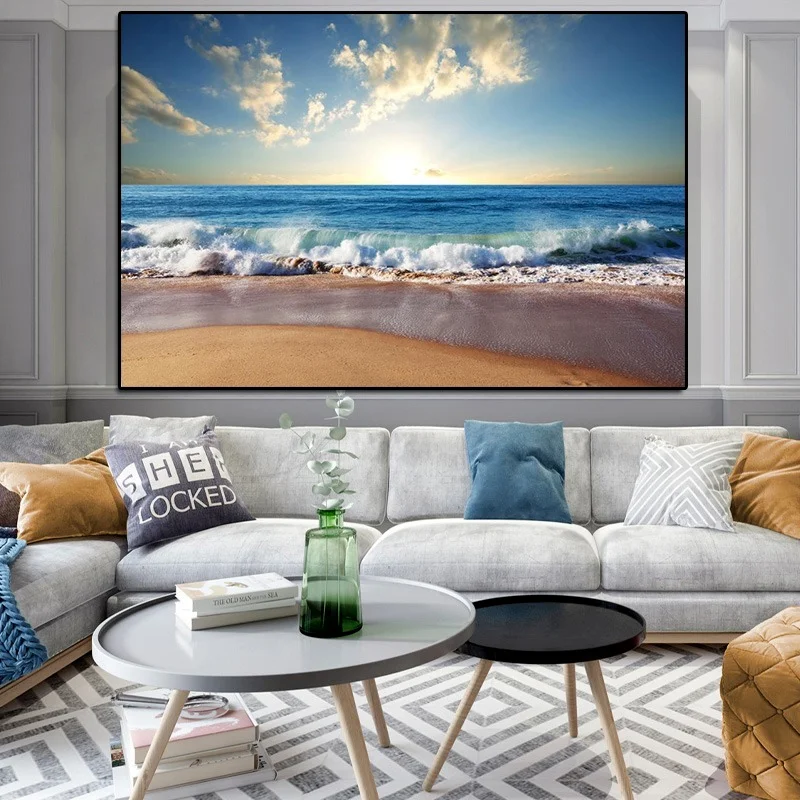 

Modern Simple Nordic Seaside Sunrise Beach Sea Scenic Canvas Painting Oil Painting Poster Modern Wall Art Picture Decor Home