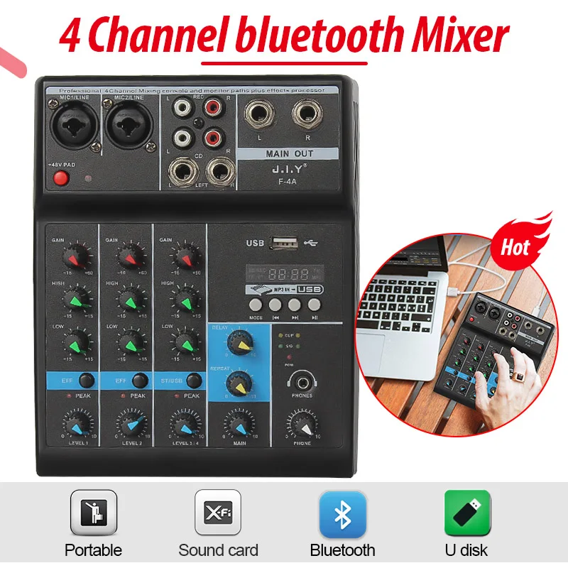 звуковая карта микшерный пульт Профессиональный 4 канальный bluetooth миксер аудио DJ