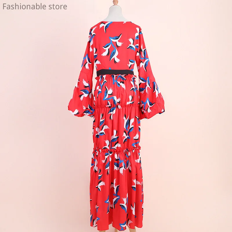 Deep V Neck Lantern Sleeve Maxi Dress Women Elegant Floral Print Vintage Party Dress
Deep V Neck Lantern Sleeve Maxi Dress Women Elegant Floral Print Vintage Party Dress