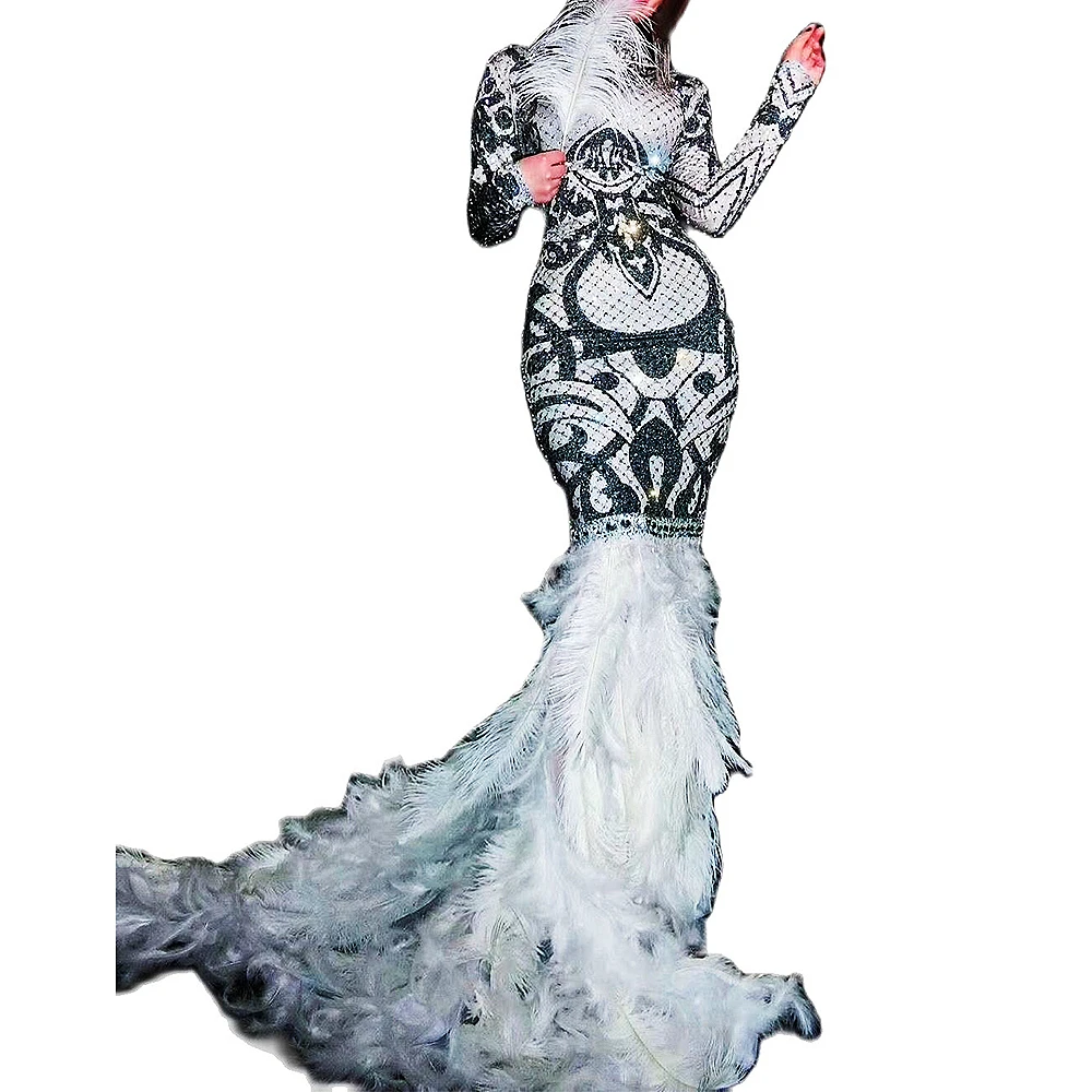 Elegant Glistening Diamonds Dresses Women Bling Stage Dance Outfit White Feather Mermaid Long Dress Birthday Celebrate Costumes
Elegant Glistening Diamonds Dresses Women Bling Stage Dance Outfit White Feather Mermaid Long Dress Birthday Celebrate Costumes