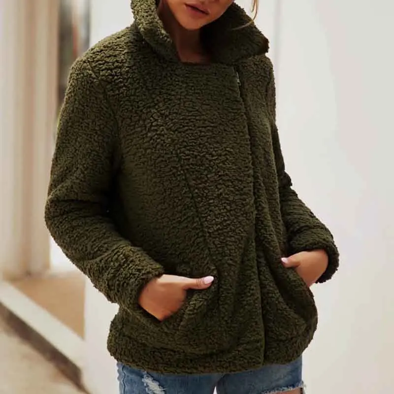 Winter Teddy Coat Woman Thick Warm Lapel Long Sleeve Zipper Fluffy Fake Fur Jackets Female Fashion Plus Size Overcoat | Женская одежда