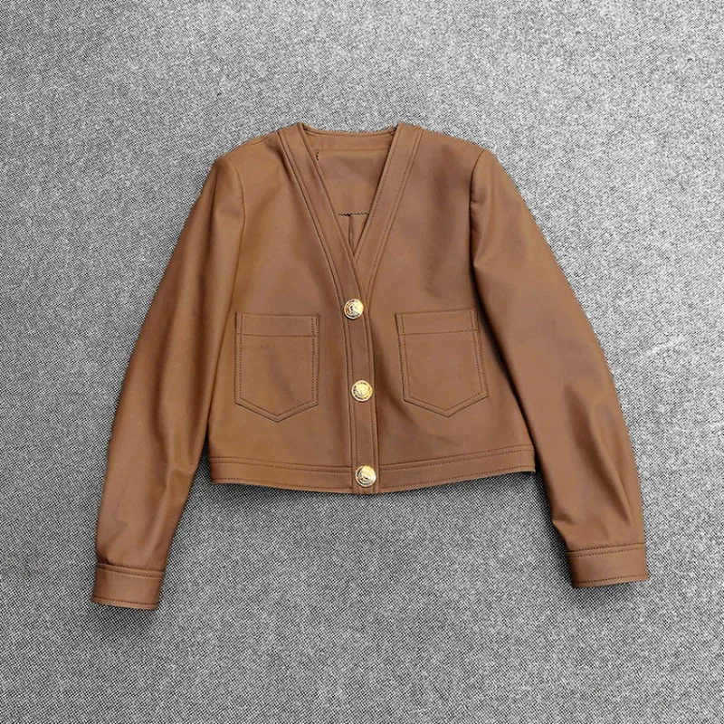 Breasted Spring Single Genuine Leather Jacket Women V Neck Casual Long Sleeve Sheepskin Short Coat Streetwear Cardigan Jackets
Breasted Spring Single Genuine Leather Jacket Women V Neck Casual Long Sleeve Sheepskin Short Coat Streetwear Cardigan Jackets