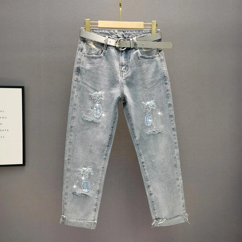 2021 Spring/Summer New High Waist Jean Woman Loose Baggy Pants Crystal Sequins Ripped Jeans for Women Blue Holes Denim Pants
2021 Spring/Summer New High Waist Jean Woman Loose Baggy Pants Crystal Sequins Ripped Jeans for Women Blue Holes Denim Pants