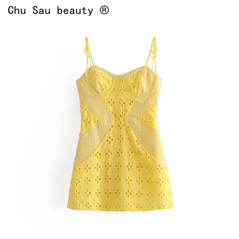 

Women Summer Dress Female Sexy Lace Cutout Pattern Stitching Three-dimensional Chest Support Thin Suspenders Mini Dresses Woman