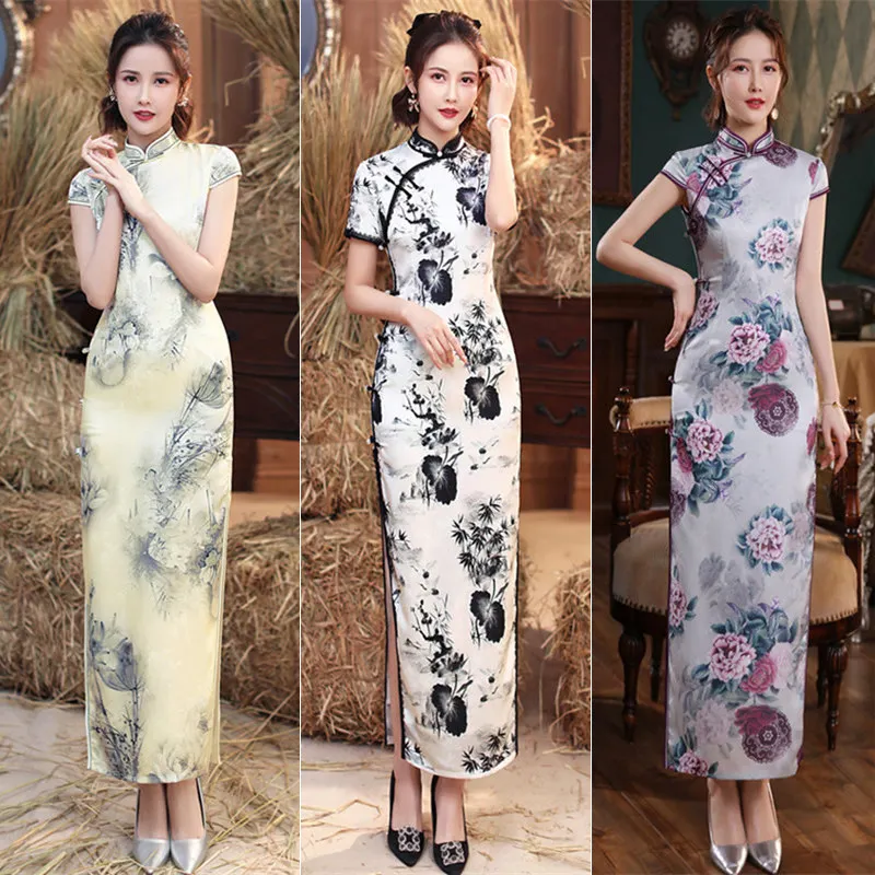 

Long Qi Cheongsam New Young Chinese Style Elegant Graceful Improved Short Sleeve Bone Erosion Fashion Show Dress pink
