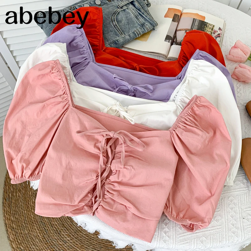 Fashion Square collar puff sleeve Shirt cross bandage high waist pleated solid short Shirt Top 2021 New Summer Women
Fashion Square collar puff sleeve Shirt cross bandage high waist pleated solid short Shirt Top 2021 New Summer Women