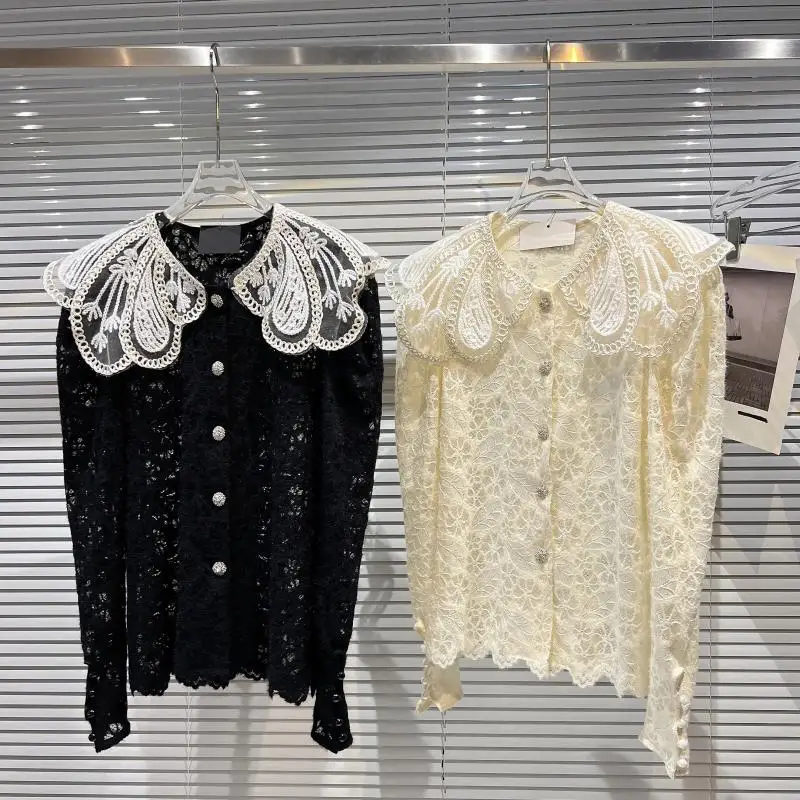 2022 New Spring Autumn Women Lace Shirt All-match Peter Pan Collar Mesh Embroidery Single-button Long Sleeve Basic Lace Top
2022 New Spring Autumn Women Lace Shirt All-match Peter Pan Collar Mesh Embroidery Single-button Long Sleeve Basic Lace Top