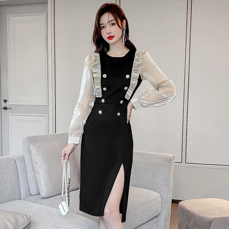 Fashion Women French Retro O-Neck Ruffle Long Sleeve Midi Party Dress Casual Double breasted Robe Bright Silk Split Female Dress
Fashion Women French Retro O-Neck Ruffle Long Sleeve Midi Party Dress Casual Double breasted Robe Bright Silk Split Female Dress