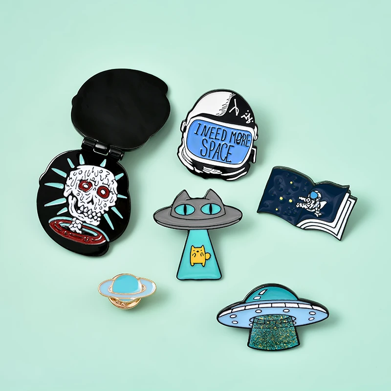 

Curious Fantasy Enamel Pins Custom UFO Cat Astronaut Book Brooches Bag Clothes Lapel Space Universe Badges Kid's Jewelry Gifts