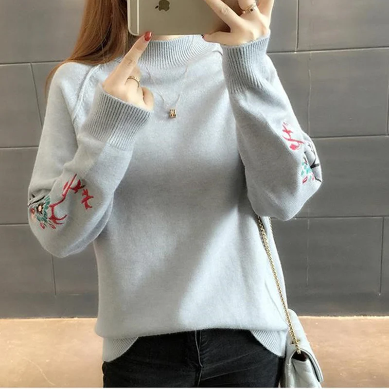 Flowers Embroidery Half Turtleneck Sweater Pullover Women Autumn Winter Korean Simple Loose Female Knitted Jumper Crop Tops Z877
Flowers Embroidery Half Turtleneck Sweater Pullover Women Autumn Winter Korean Simple Loose Female Knitted Jumper Crop Tops Z877